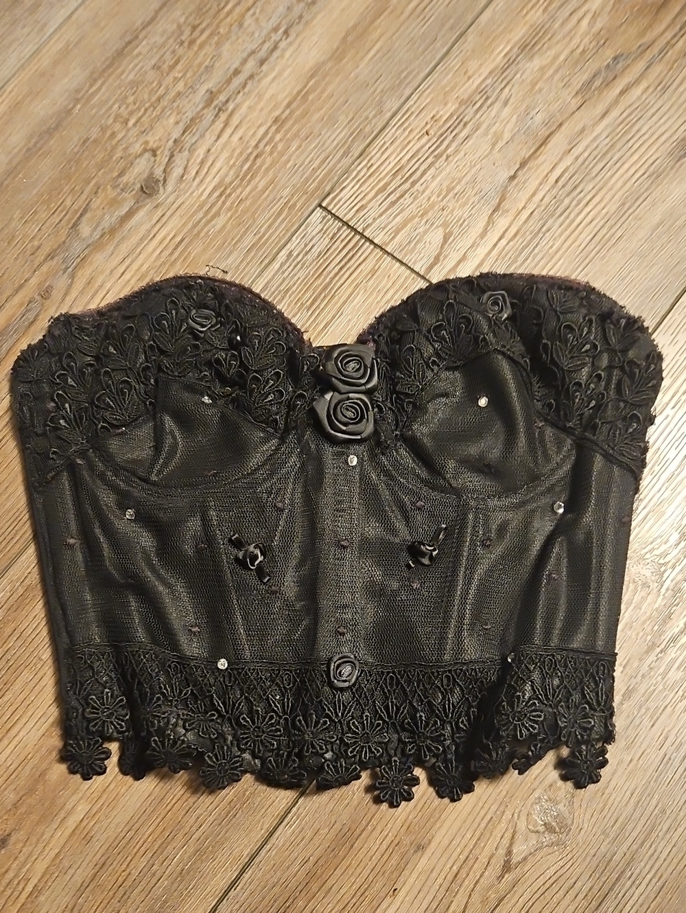 Vintage Black Lace Bustier Camisole with Rose Appliqués